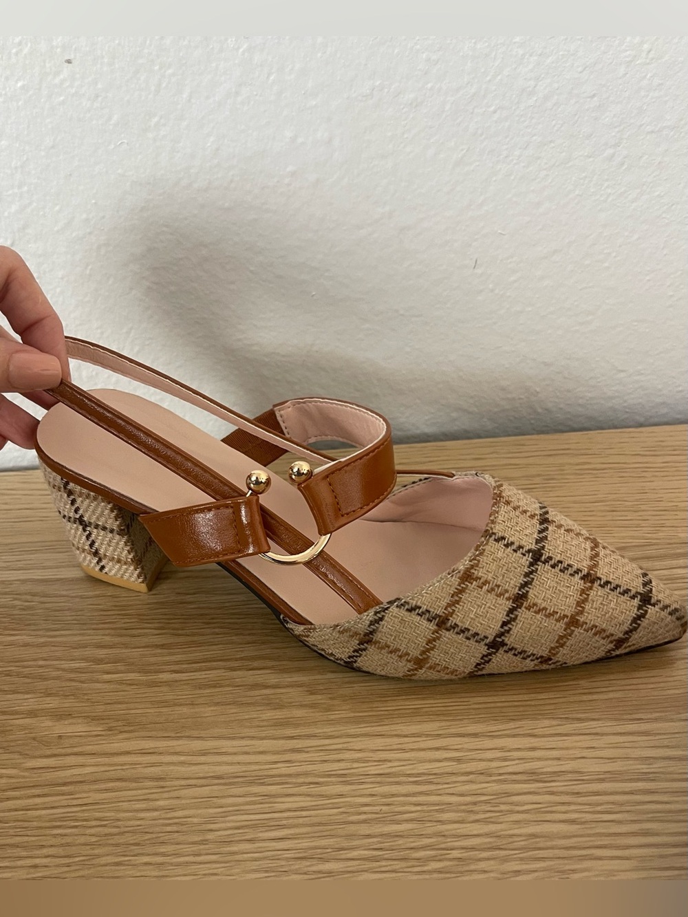 Plaid Pointed-Toe Slingback Mules in Tan - Picture 2 of 7